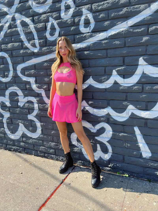 Neon Mesh Skater Skirt in Pink - 40% OFF