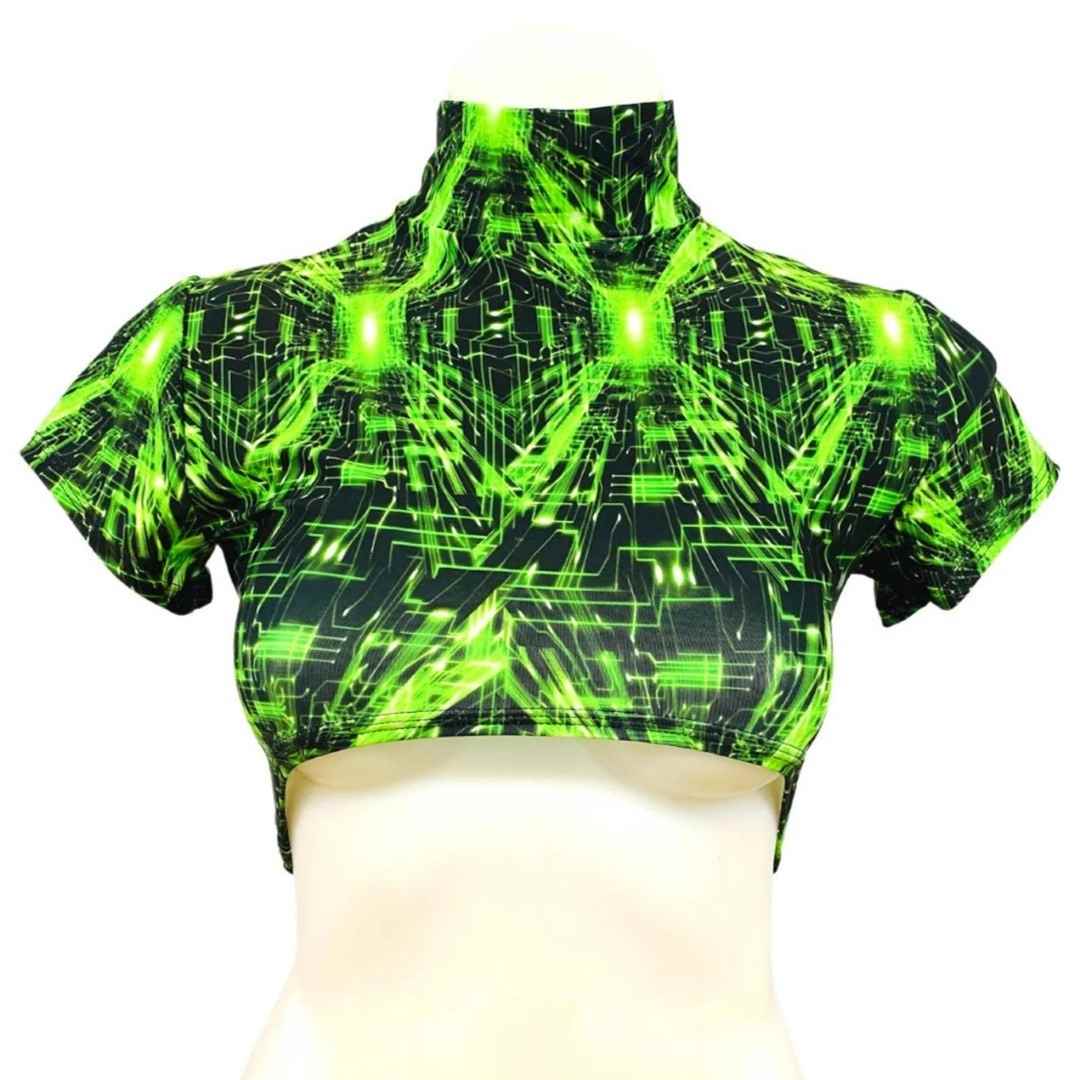 green cyber grid underboob turtle neck rave top