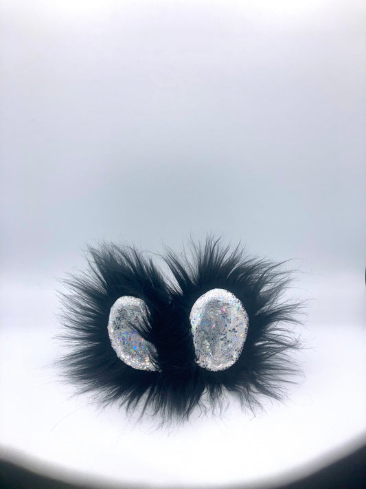 Holographic Rave ears with black faux fur