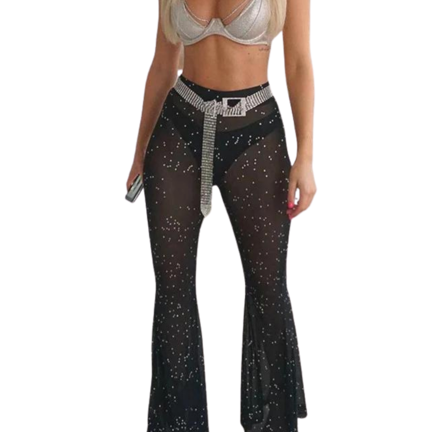 black sparkly mesh flare pants for festivals and raves