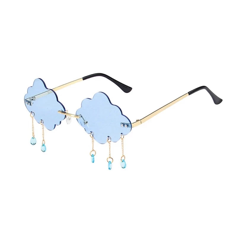 blue cloud frameless sunglasses with raindrops for festivals and raves